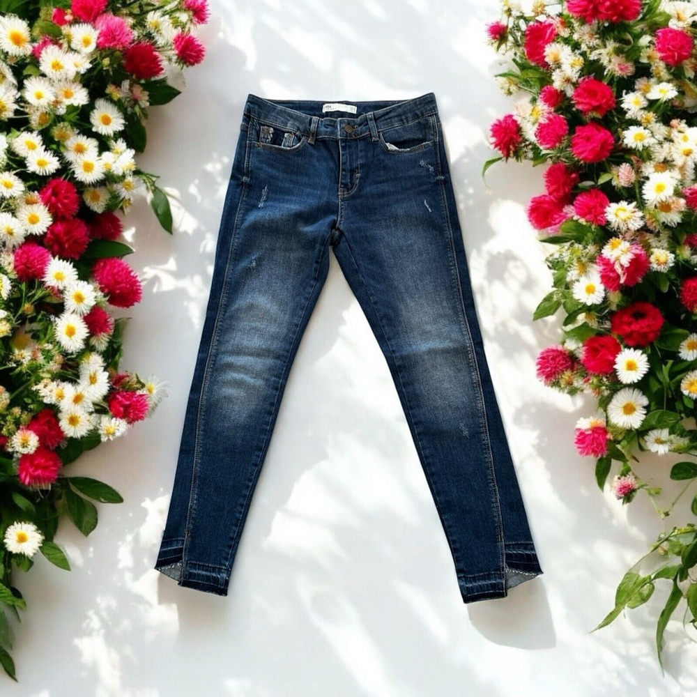 Zara Basic Z1975 Skinny Denim Jeans Womens 6 BLUE Distressed Pants & Hem Pockets